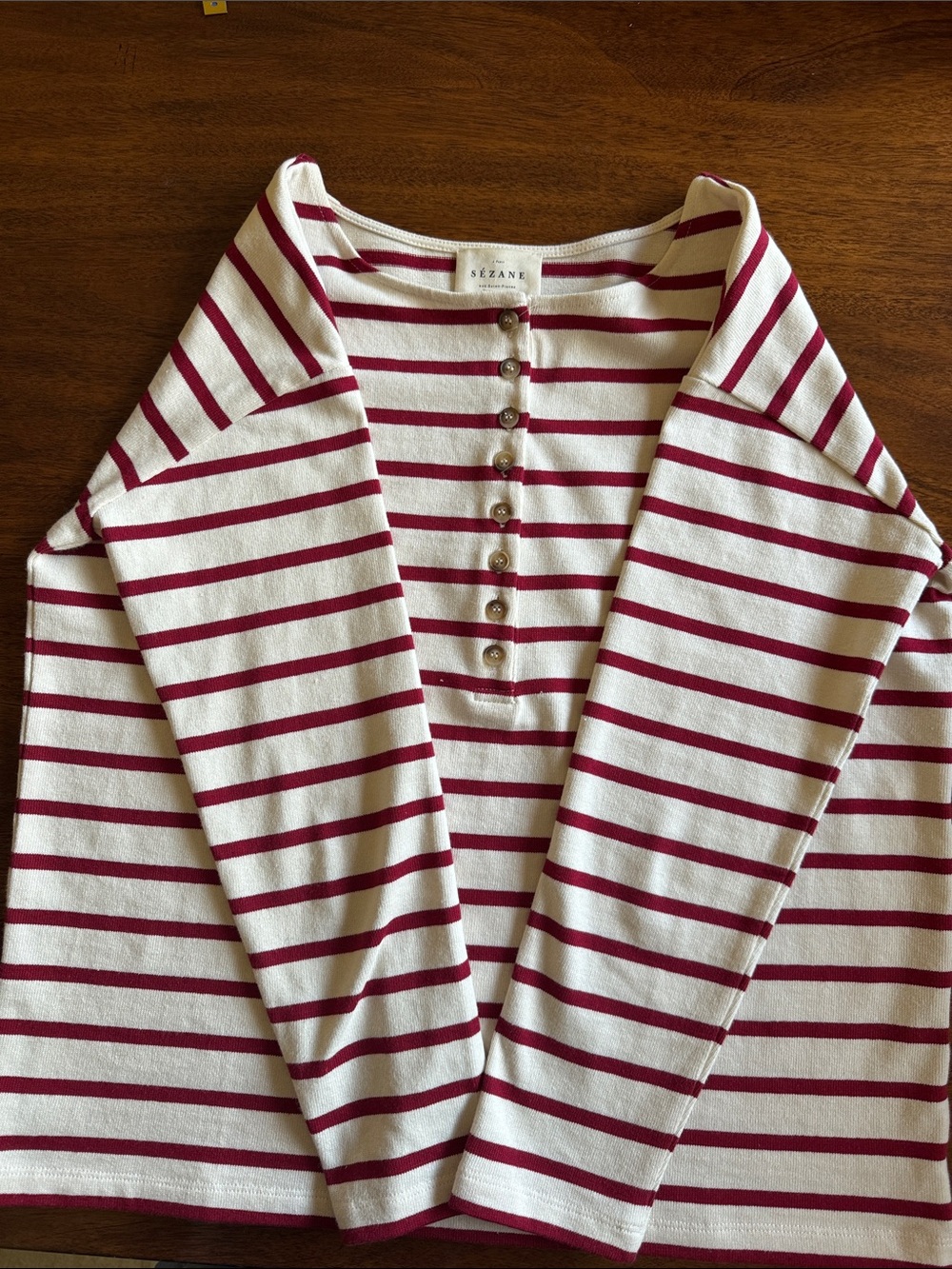 Sezane Gatsby Cream and Burgundy Striped Button-Front Top - Picture 2 of 10